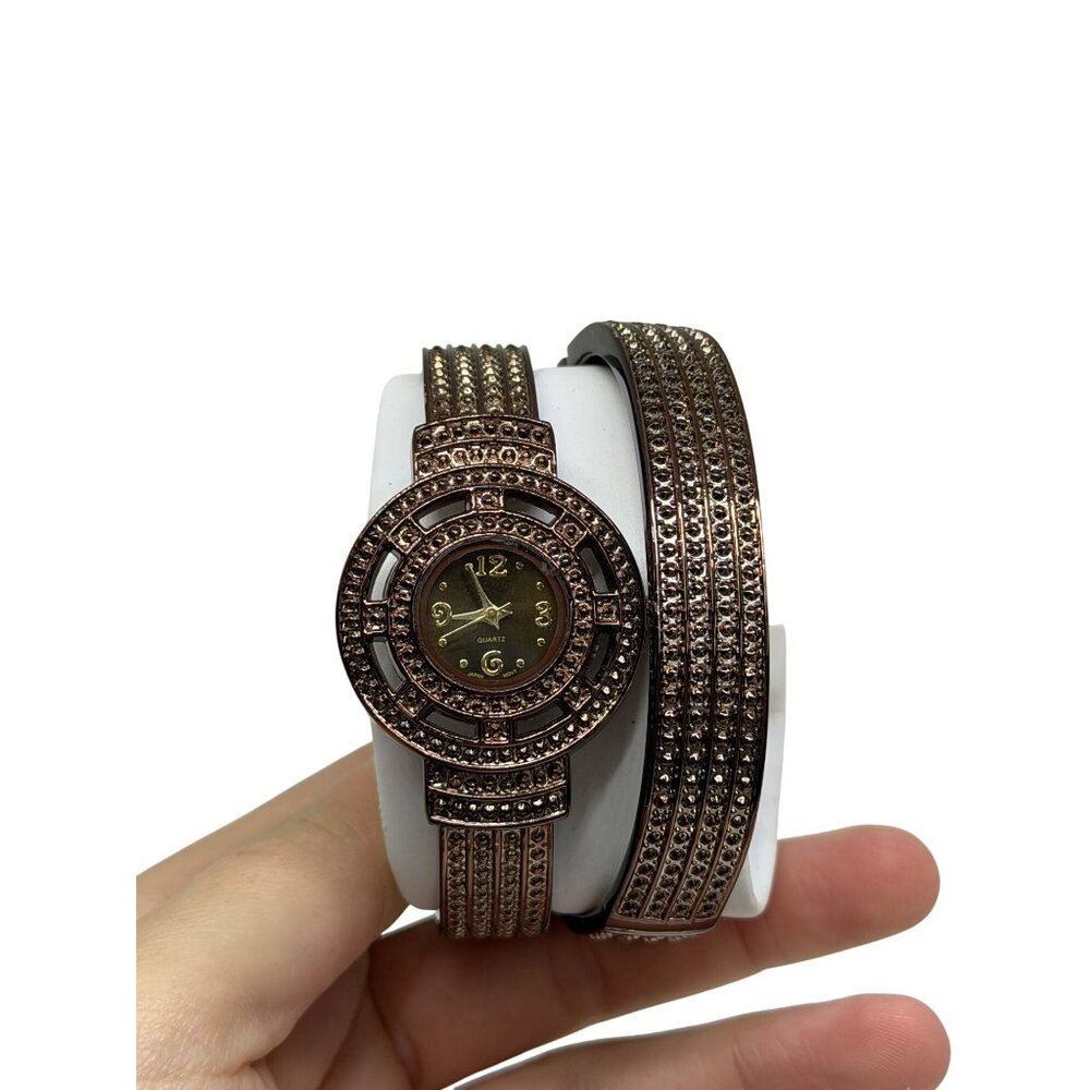 VTG Rhinestone Women Cuff Watch & Bangle Set Bronze Tone Quartz Bracelet Stylish